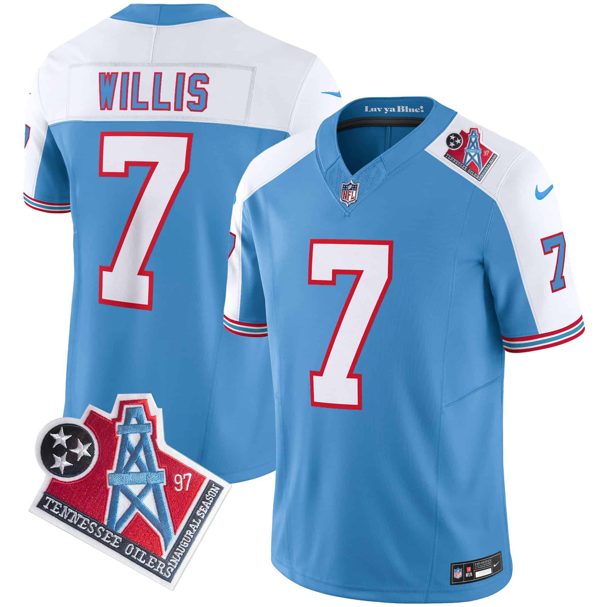 Men Tennessee Titans #7 Willis Light Blue 1997 Throwback 2024 Nike Limited Vapor NFL Jersey style 1->customized nfl jersey->Custom Jersey